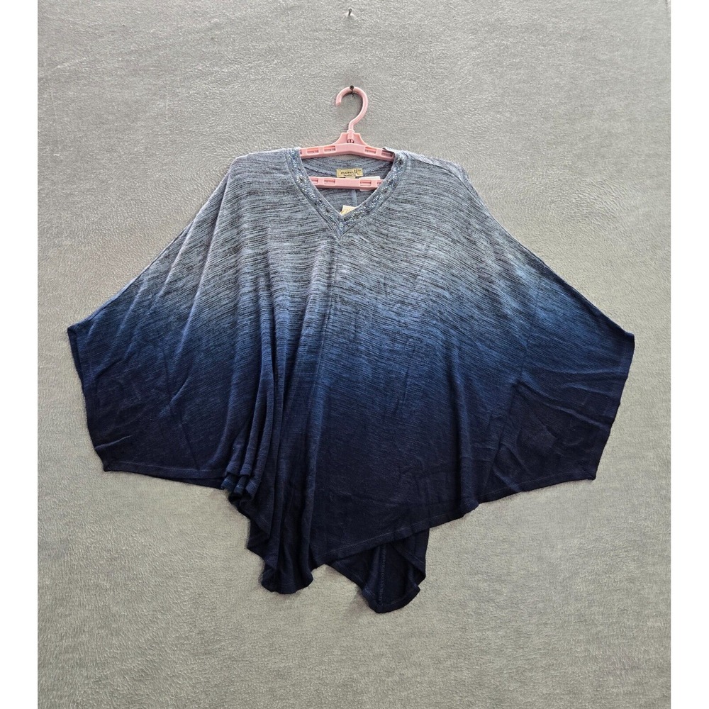 One World Women Sweater XS Blue Ombre Poncho Studded Dolman Short Sleeve NWT